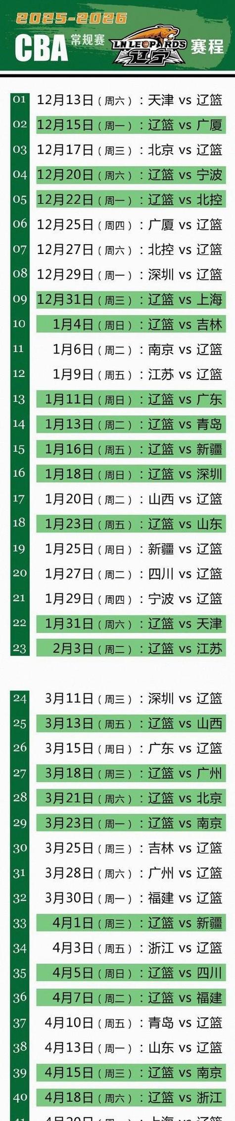 cba赛程辽宁赛程表时间