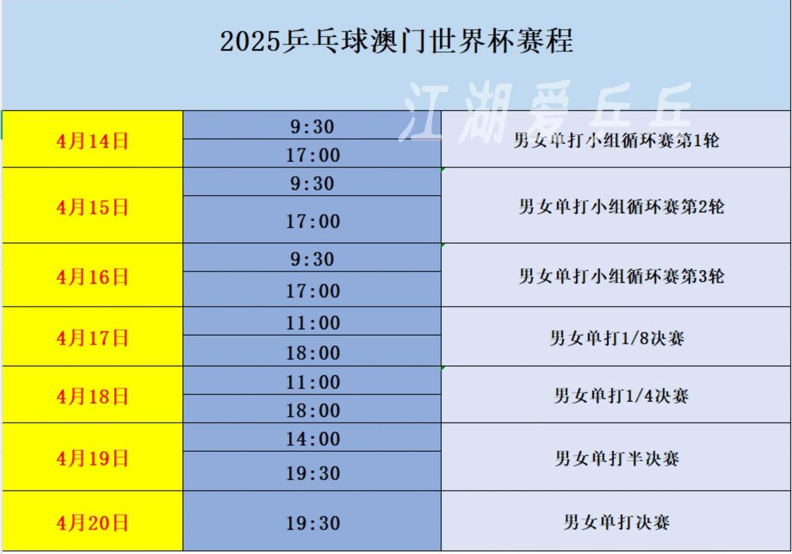 世界杯乒乓球比赛时间